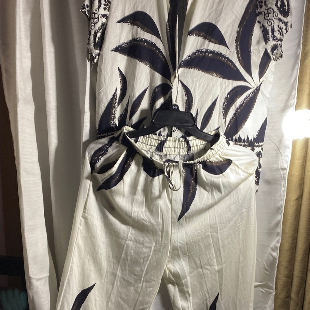 Women's Cream Wide-Leg Pants with Black Leaf Print